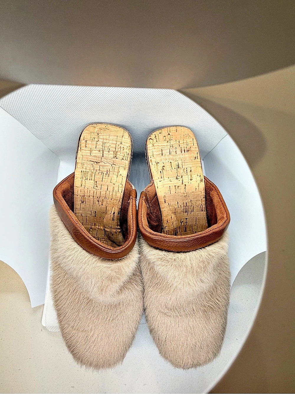 Korks Faux Fur Mules in Brown & Beige Like New